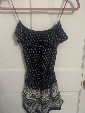 Black Printed Off-Shoulder Romper with Smocked Waist